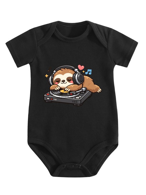 Sloth Wearing Headphones On Turntable Baby Bodysuit, 100% Cotton Short Sleeve Snap Romper, 0-12 Months