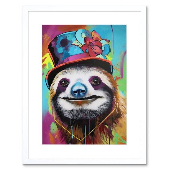 Sloth Wearing Ladies Summer Hat Modern Pop Art Artwork Framed Wall Art Print 9X7 Inch