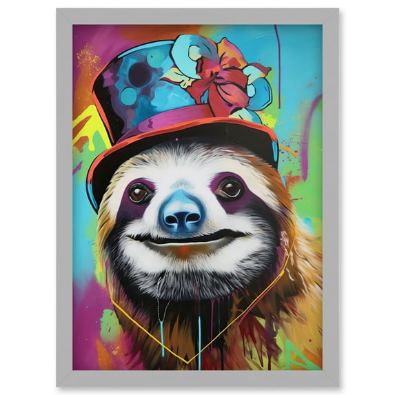 Sloth Wearing Ladies Summer Hat Modern Pop Art Artwork Framed Wall Art Print A4