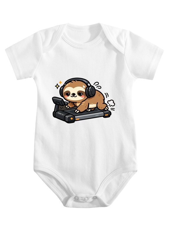 Sloth Wearing Wireless Earphones Treadmill Baby Bodysuit, 100% Cotton Short Sleeve Snap Romper, 0-12 Months