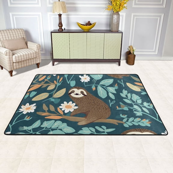 Sloth and Daisy Floral Area Floor Mats Soft Large Nursery Rugs Non-Slip Foam Carpets Living Room Doormat for Bedroom Dinning Decor 72" x 48"