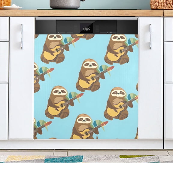 Sloth and Guitar Dishwasher Magnetic Refrigerator Magnet Cover Kitchen Art Panel Decal Sticker Home Decorative 23"x26"