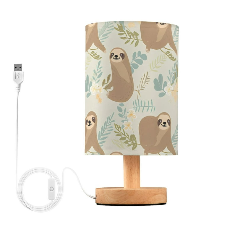 Sloth and Leaves Bedside Table Lamp LED Warm Lights with USB Charging Port Retro Cylinder Desk Lamps