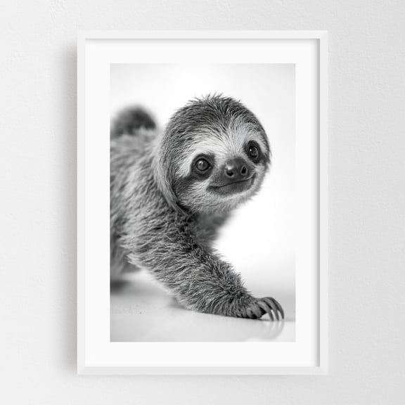 Sloth close-up photography - Photography Animal Wildlife Black and White Nature Portrait Minimalist Humor White Framed Wall Art Print 16 x 24 inches