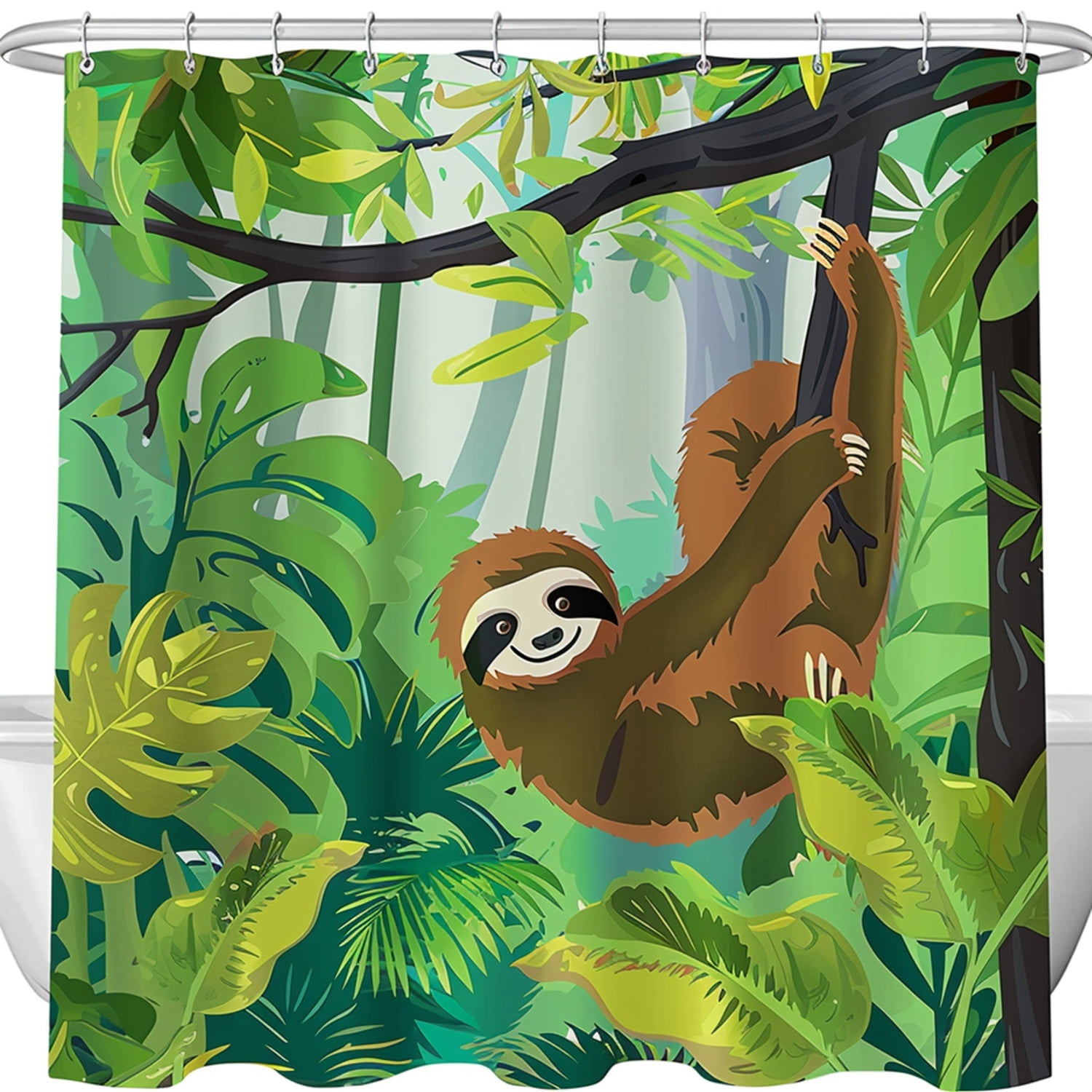 Sloth in Jungle Cartoon Style Shower Curtain Rainforest Print Fabric ...