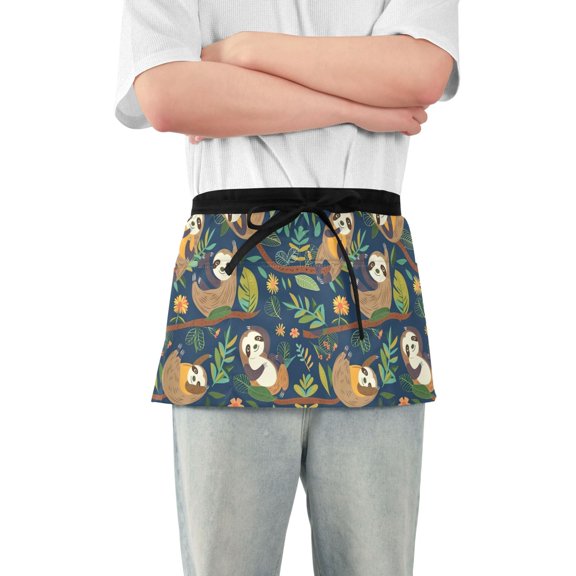 Sloth on Branch Server Apron with 3 Pockets Waterproof Waitress Waist Short Apron for Man Woman 12 Inches