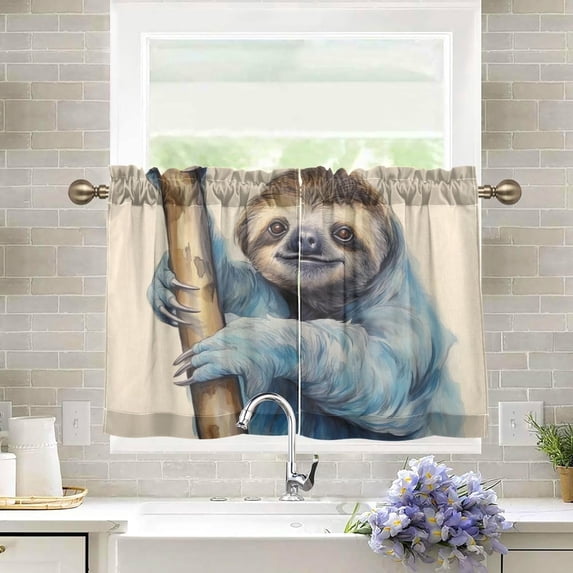 Sloth on The Branch Half Window Tier Curtains 36 Inch Blackout Thermal Insulating Kitchen Linen Tier Curtains for Kitchen, Bathroom, Cafe Home Decor