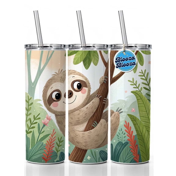 Sloth on Tree Children's Illustration Style 20oz Insulated Water Bottle Skinny Tumbler Includes Straw