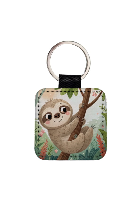 Sloth on Tree Children's Illustration Style Faux Leather Square Keychain