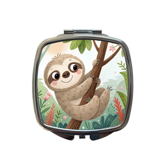 Sloth on Tree Children's Illustration Style Travel Makeup Handbag Purse Small Pocket Compact Mirror