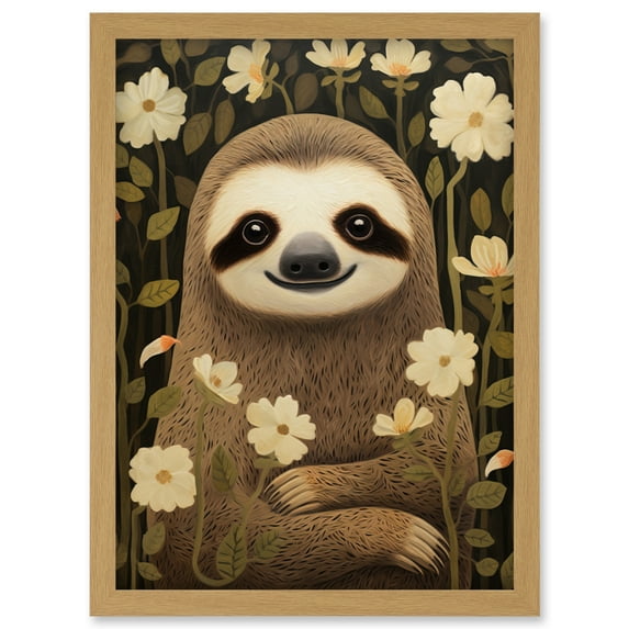 Sloth with Jasmine and Anemone Flowers Elegant Artwork Framed Wall Art Print A4
