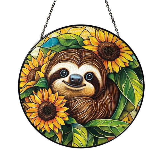 Sloth with Sunflowers Stained Glass Suncatcher Window Hanging Cute Summer Nature Home Decor Gift