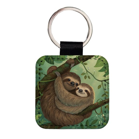 Sloths Hugging Love Faux Leather Square Keychain