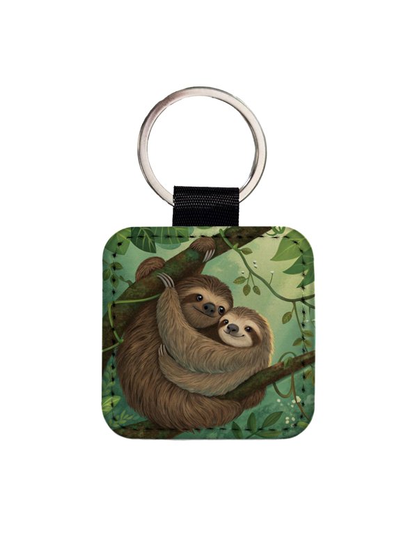 Sloths Hugging Love Faux Leather Square Keychain
