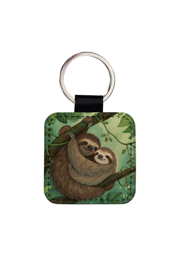 Sloths Hugging Love Faux Leather Square Keychain