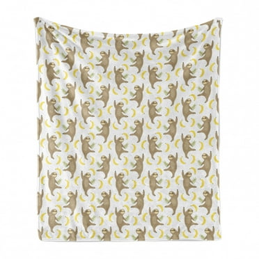 Sloths Soft Flannel Fleece Blanket, Tropical Print of Dancing Sloths and Banana Silhouettes on a Plain Backdrop, Cozy Plush for Indoor and Outdoor Use, 50" x 70", Cocoa White Yellow, by Ambesonne