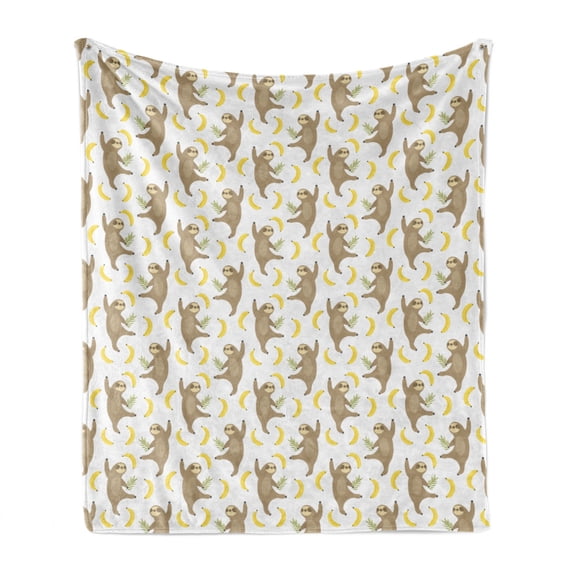 Sloths Soft Flannel Fleece Blanket, Tropical Print of Dancing Sloths and Banana Silhouettes on a Plain Backdrop, Cozy Plush for Indoor and Outdoor Use, 50" x 70", Cocoa White Yellow, by Ambesonne