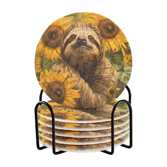 Sloths and Sunflowers Drinking Coasters Cup Mat with Holder for Kitchen Cafe Bar 6 Packs