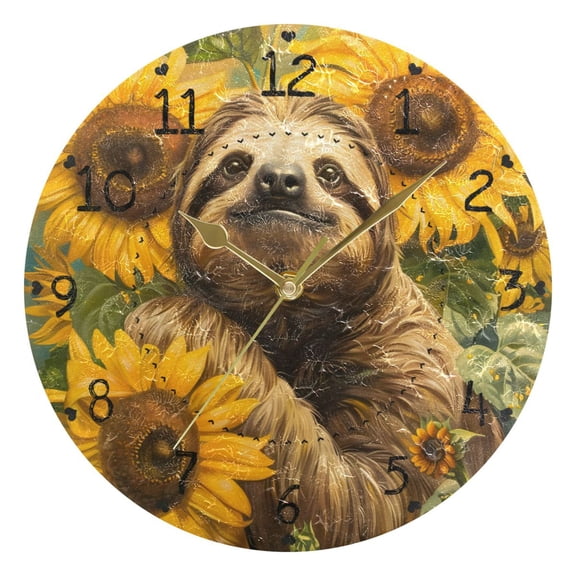 Sloths and Sunflowers Round Wall Clock Silent Analog Battery Operated Gold Pointer Home Decor 9.84" Diameter