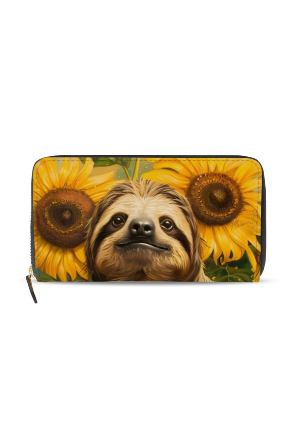 Sloths and Sunflowers Women's Long Zipper Wallet Bifold Clutch Purse PU Leather Card Cases