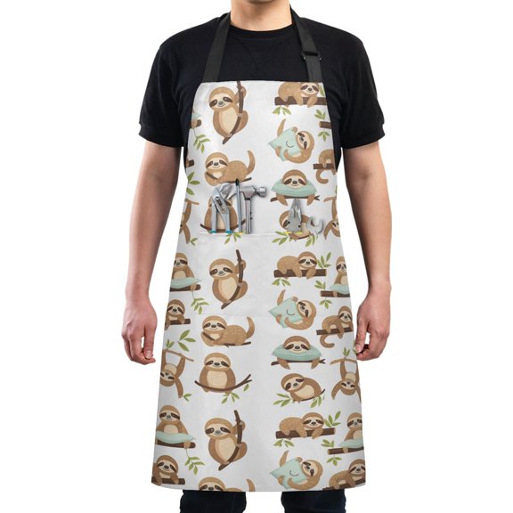 Sloths with Branch and Leaf Kitchen Apron with 2 Pockets Adjustable waterproof Cooking Aprons for Women Men Chef