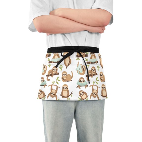Sloths with Branch and Leaf Server Apron with 3 Pockets Waterproof Waitress Waist Short Apron for Man Woman 12 Inches