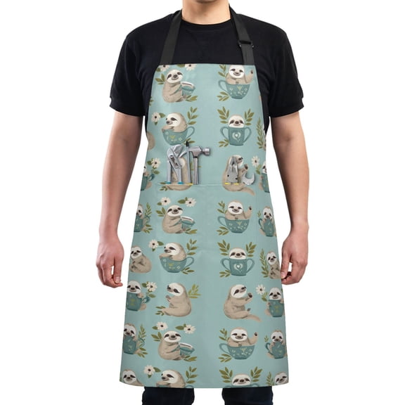 Sloths with Cup Kitchen Apron with 2 Pockets Adjustable waterproof Cooking Aprons for Women Men Chef