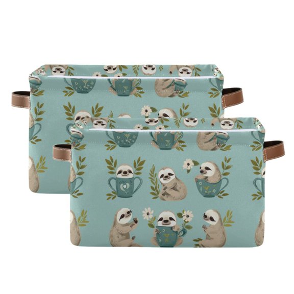 Sloths with Cup Storage Bins with Handle Fabric Organizer Basket Foldable Box 2 Pack 14.2x10.2x8.3
