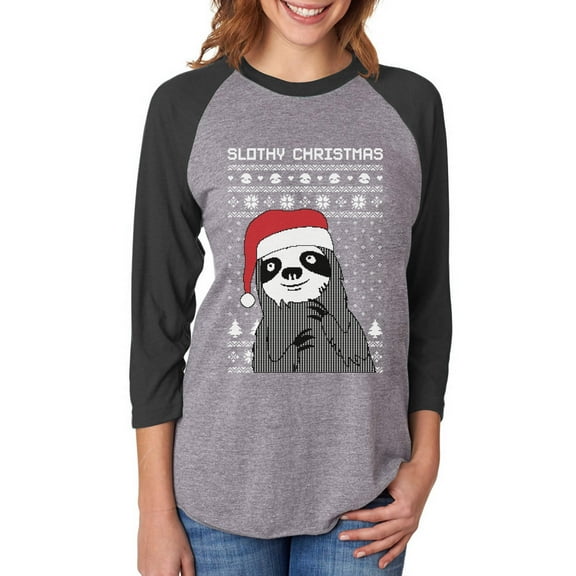 Slothy Christmas Ugly Christmas Sweater Sloth 3/4 Women Sleeve Baseball Jersey Shirt Small black/gray