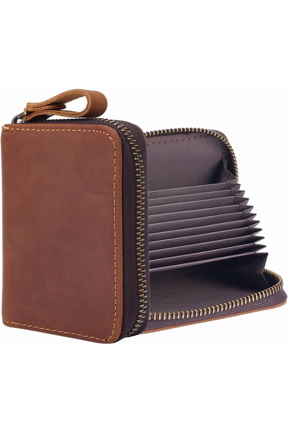 Slots Genuine Leather Credit Card Holder Case Crazy Horse Rectangle Rfid Card Wallet Travel Passport Wallets Small Card Case With Zipper for Women Men Home Business Coconut Brown diy Coconut Brown