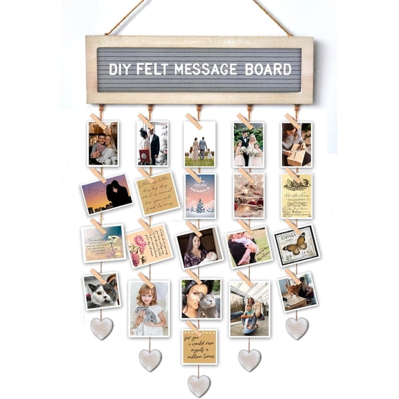 Slotted Felt Board with 340 Letters and 30 Clips - Rustic Picture Frames Collage Wall Decor Sign - Multi Photos Cards Organizer 15.7x5 Inches (White)