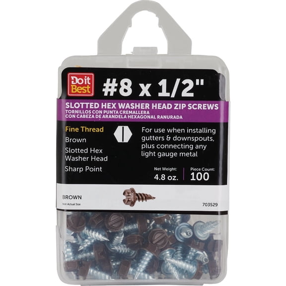 PrimeSource Slotted Hex Washer Head Zip Screw - Zinc-Plated, #8 x 1/2 In, Silver