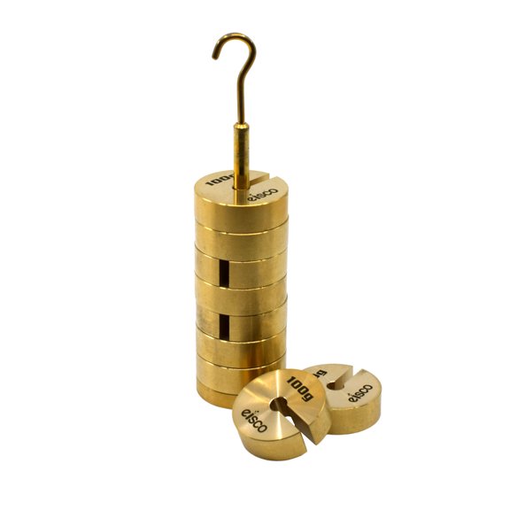 Slotted Mass Set with Hanger - Brass - Set of 9 Masses and 1 Hanger, 100g Each - 1000 Grams Total - Eisco Labs