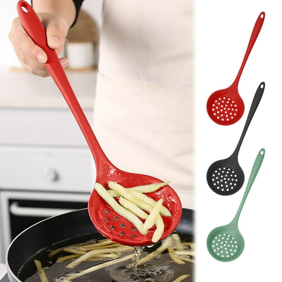 Slotted Skimmer Spoon Ladle – Lightweight Long Handle Kitchen Strainer Utensil, Heat-Resistant, Durable Plastic, Easy Clean, 3 Color Options, Space-Saving Hanging Hole