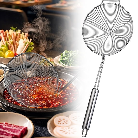 Slotted Strainer Spoon, Stainless Steel Mesh Skimmer for Frying, Long Handle for Hot Oil, Fine Mesh for Pasta Vegetables, Heavy Duty Net Diameter 18 Cm