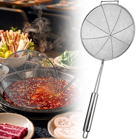 Slotted Strainer Spoon, Stainless Steel Mesh Skimmer for Frying, Long Handle for Hot Oil, Fine Mesh for Pasta Vegetables, Heavy Duty Net Diameter 20 Cm
