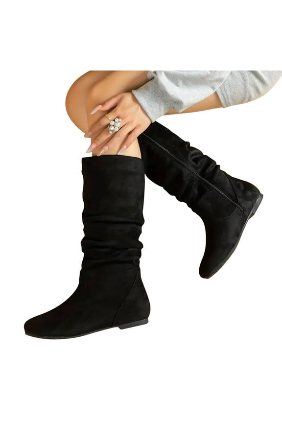 Slouch Boots for Women Pleated Side Zipper Casual Flat Mid-calf Boots Fall Shoes Fashion Soft Solid Color Comfortable Outdoor Shoes for Women Knee High Pull On Fall Weather Winter Boots