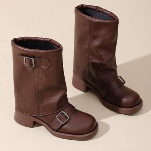 Slouch Mid Calf Boots for Women Square Toe Motorcycle Boots | Soft Faux PU Leather Fall Boots with Buckle Design & Non-Slip Sole