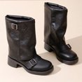 thumbnail image 1 of Slouch Mid Calf Boots for Women Square Toe Motorcycle Boots | Soft Faux PU Leather Fall Boots with Buckle Design & Non-Slip Sole, 1 of 5