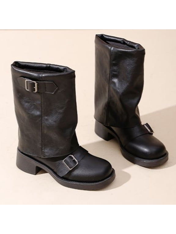 Slouch Mid Calf Boots for Women Square Toe Motorcycle Boots | Soft Faux PU Leather Fall Boots with Buckle Design & Non-Slip Sole