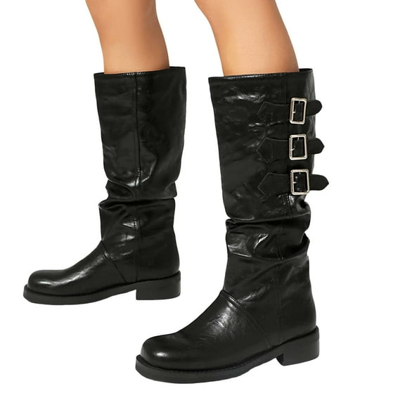Slouch Wide Mid Calf Combat Boots for Women Vintage Leather Buckles Low Heel Winter Fall Tall Riding Boots
