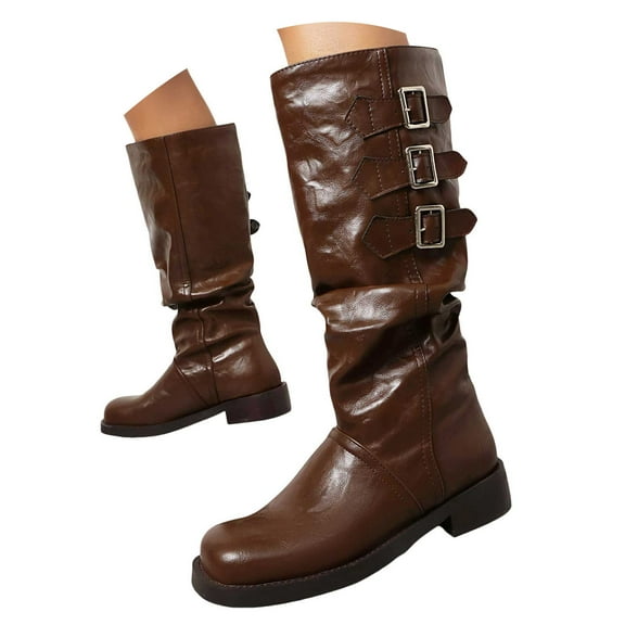 Slouch Wide Mid Calf Combat Boots for Women Vintage Leather Buckles Low Heel Winter Fall Tall Riding Boots