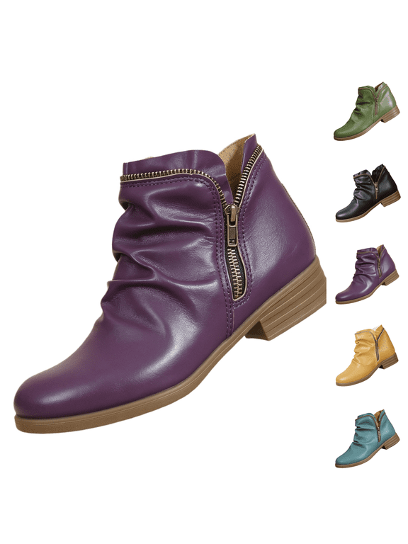 Slouchy Ankle Booties For Women Side Zipper Vintage V Cut Arch Support Chunky Low Heel Wide Width Slip On Retro Fashion Boots Comfortable Round Toe Winter Fall Witch Shoes