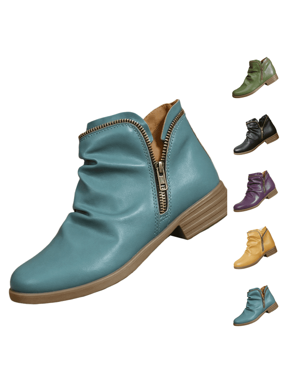 Slouchy Ankle Booties For Women Side Zipper Vintage V Cut Arch Support Chunky Low Heel Wide Width Slip On Retro Fashion Boots Comfortable Round Toe Winter Fall Witch Shoes