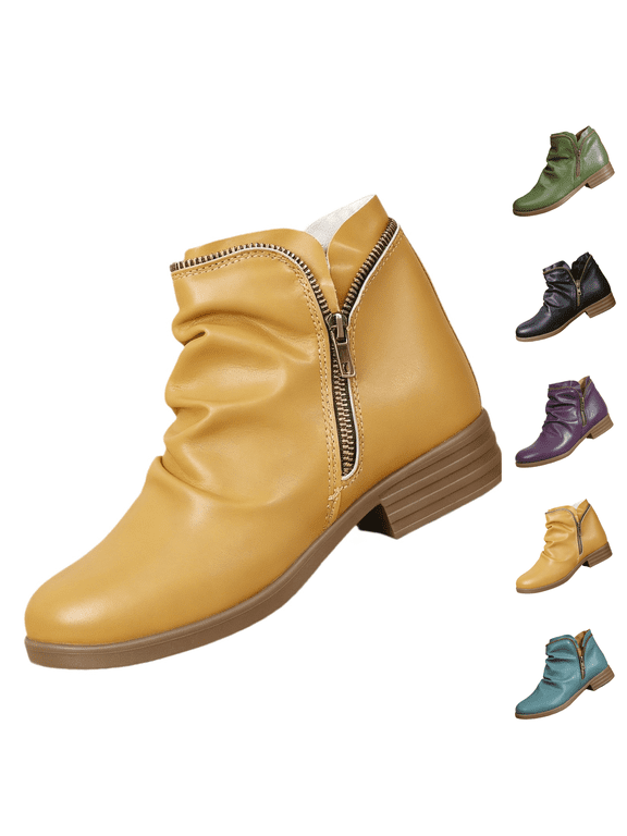 Slouchy Ankle Booties For Women Side Zipper Vintage V Cut Arch Support Chunky Low Heel Wide Width Slip On Retro Fashion Boots Comfortable Round Toe Winter Fall Witch Shoes