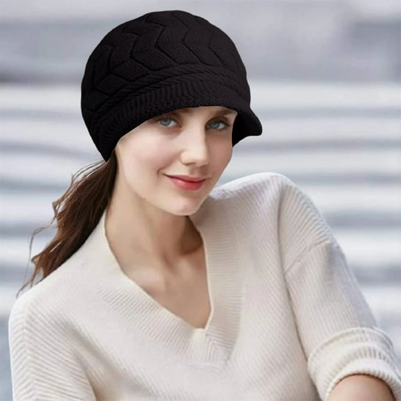Slouchy Beanie Cap with Visor Beanies for Winter Cold Weather Winter Beanie with Brim Knitted Chunky Soft Slouchy Cap with Visor Brim Warm Knit Visor Hat Winter Hat Womens Winter Beanie Hats Black