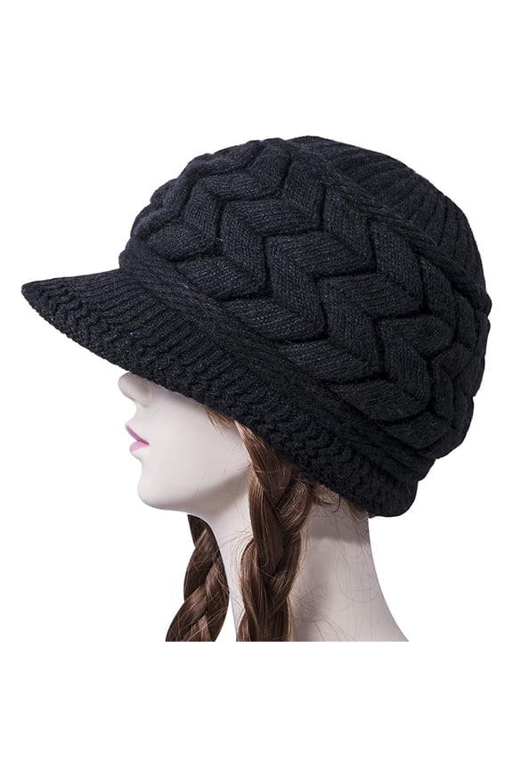 Slouchy Beanie Cap with Visor Warm Knit Hat Warm Fleece Lined Knit Hat Warm Ski Skull Cap Winter Beanie with Brim Caps for Women Beanie Cap Beanies for Winter Cold Weather Wool Snow Ski Caps Black