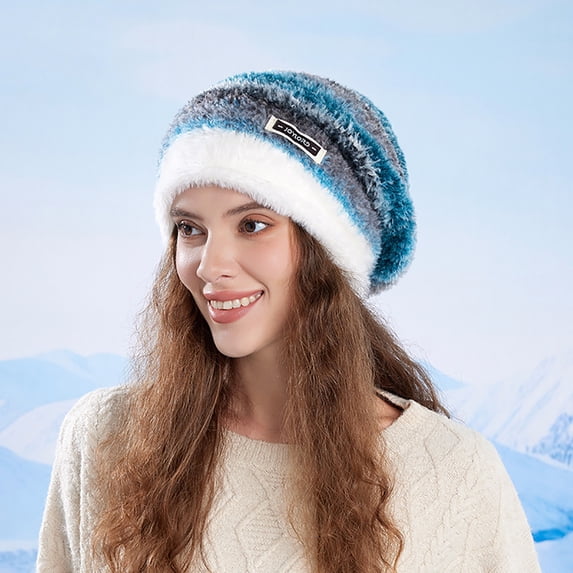 Slouchy Beanie Hat for Women Colorful Furry Soft Warm Knit Skull Cap Striped Winter Stretch Cute Travel Hat for Cold