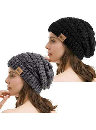 Knit Beanie Hat for Women, Faux Fuzzy Pom Pom Winter Ski Skullies Cap
