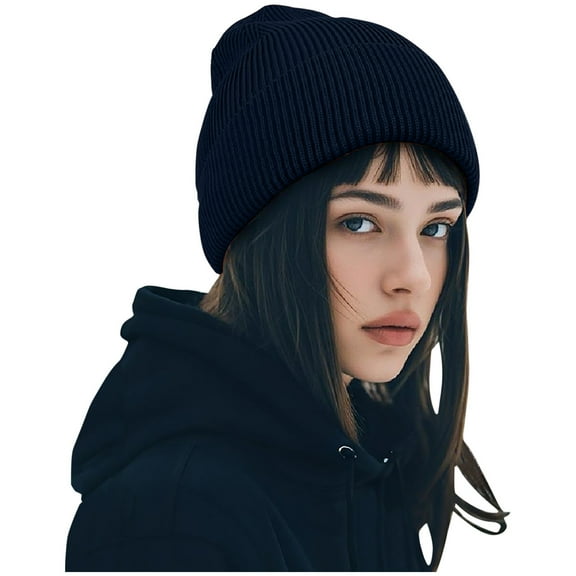 Slouchy Beanie for Men and Women Classic Cuffed Beanies Solid Colors Knitted Caps Navy